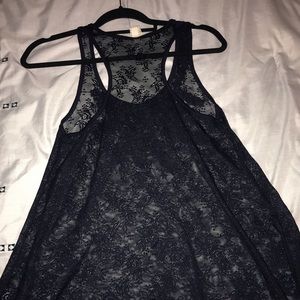 Dainty Navy Blue Sheer Tank with Patterned Details